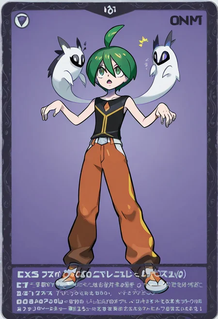 score_9, score_8_up, score_7_up, masterpiece, best quality, amazing quality, best aesthetic, ,absurdres,intricate details, aaron, green eyes, green hair, ahoge, black sleeveless shirt, orange pants, white with orange shoes, belt<lora:EMS-380018-EMS:1.000000><lora:ghost-pose-ponyxl-lora-nochekaiser:1>, ghost pose, ghost,open mouth, looking up,
Pokemon TCG,