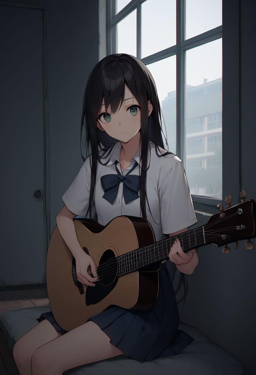 score_9, score_8_up, score_7_up, score_6_up, score_5_up, score_4_up, source_anime, 1girl, animeirl, acoustic_guitar, playing_guitar, holding instrument, guitar, face focus, black hair, long hair, sitting, corridor, pale green eyes, depressed, dark clouds, window, school uniform