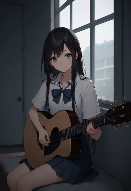 score_9, score_8_up, score_7_up, score_6_up, score_5_up, score_4_up, source_anime, 1girl, animeirl, acoustic_guitar, playing_guitar, holding instrument, guitar, face focus, black hair, long hair, sitting, corridor, pale green eyes, depressed, dark clouds, window, school uniform