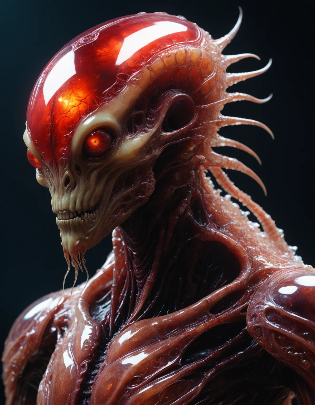 hyper realistic and highly detailed, closeup portrait photo of an otherworldly fantasy monstrous alien creature, (bizarre, translucent, bioluminescent and transparent:1.5), photorealistic and highly detailed skin, visible pores, ultra detailed skin textures, (professional, finest details, maximized details, ultimate detail level, masterpiece, best quality:1.5), neon ruby red hue, duo toned,  highly dynamic, highly dramatic volumetric lighting
 <lora:artialien:0.7> artialien