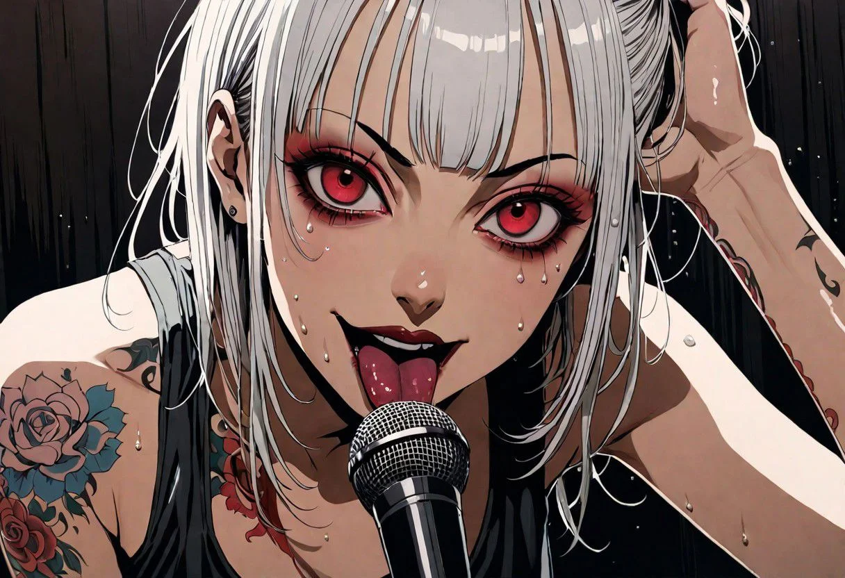 1girl, licking a microphone in front of the subject, in the art style of Junji Ito, short messy white hair, seductive red eyes, smirking, indoors, lips, open mouth, tongue, makeup, solo, tattoo, hand in hair, sweating, sweaty, cinematic angle, foreshortening, dark background, cinematic lighting, masterpiece, best quality