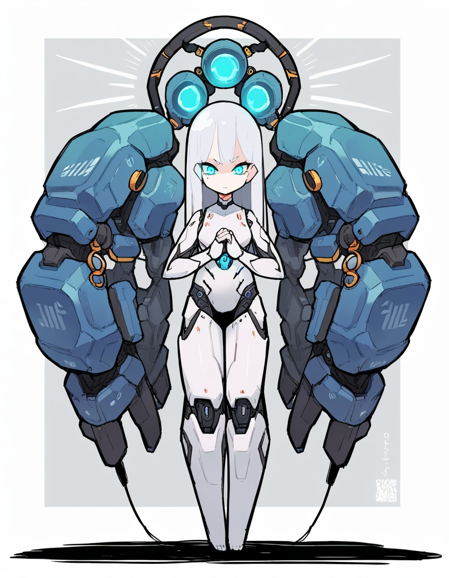 score_9, score_8_up, score_7_up, score_6_up, score_5_up, score_4_up, source_anime, BREAK <lora:Eiken3kyuboy_Artist_Style_ponyXL-000018:1> solo, android female,pale_skin, long_hair, white_hair,blue_eyes, standing, curvy,glowing_eye, incubation vat, steam, cables in the _background