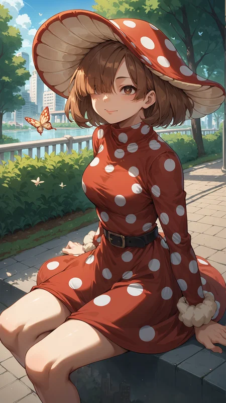 score_9,score_8_up,score_7_up,score_6_up, <lora:xl_more_art-full_v1:0.5>, source_anime, girl, dynamic pose, butterfly sitting, <lora:Kinoko Komori (Shemage) - Pony-000004:0.8>, short hair, brown hair, bangs, hair covering one eye, brown eyes, mushroom cap hat, red dress, polka dot dress, black belt, city, park, path,