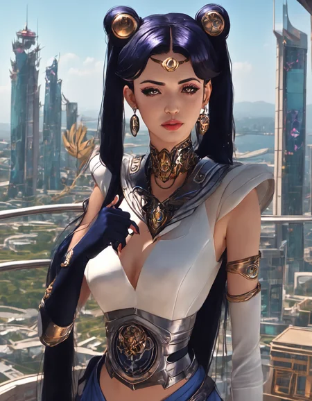 (Beautiful cyborg princess looking out over her lands from a tall tower, league of legends, long legs, belly dancer, high heels, intricate detail, cyberpunk Japan, futuristic, clean sharp focus) <lora:Dusk_XL_Goth_Moon_dadapt_cos_1e-7:0.8> 1girl, long hair, twintails, jewelry, hair bun, earrings, double bun, tsukino usagi, sailor collar, choker, hair ornament, crescent, sailor moon, skirt, gloves, very long hair