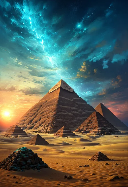 (by Ellen Jewett:1.5), (Bioluminescent Impressionism, Egyptian landscape, The Dreamland, Egyptian desert, sand, rock, great pyramids, fine pyramids, smooth pyramids, techno pyramids with great beams of light shooting up into the sky, sky sunset, sunrise ,waterfall, ethereal landscapes, depth of field, biotech emotion:1.3) <lora:xl_more_art-full_v1:0.5> <lora:add-detail-xl:1> <lora:RMSDXL_Creative:2>