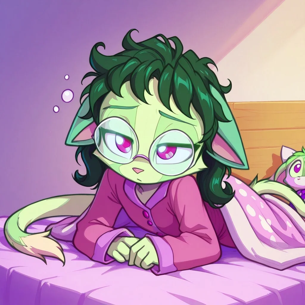 Dreamkeepers,1girl,prelude_lilith,solo,furry,tail,green hair, source_furry,glasses,magenta eyes,
child, kid, 
stuffed_bunny, pajamas, bed_background, soft_lighting, sleepy_expression, cozy_blanket, messy_hair, warm_glow