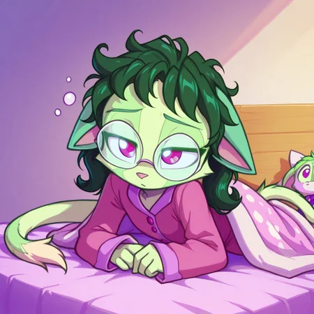 Dreamkeepers,1girl,prelude_lilith,solo,furry,tail,green hair, source_furry,glasses,magenta eyes,
child, kid,
stuffed_bunny, pajamas, bed_background, soft_lighting, sleepy_expression, cozy_blanket, messy_hair, warm_glow