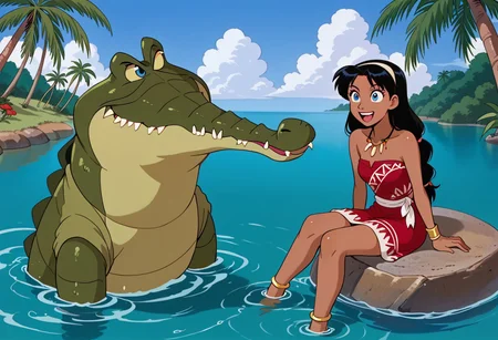 Tick tock crocodile,male animal focus, crocodile open large mouth ,green skin, blue eyes, Tick Tock the crocodile is giant and very huge size,teeth, swimming in water,partially submerged,Tick Tock the crocodile looking at a young Choi mochimazzi who she is sitting on a rock. choim, Kairi ,long hair, black hair, dark-skinned female, tropical,blue eyes,red flowers hair, blue native long_dress, jewelry, dark skin,smile,laught,necklace_pearl, bracelet, red tribal tattoo,wristband,anklet, barefoot,open mouth,river,palm trees, jungle tropical, Disney, anime,manga