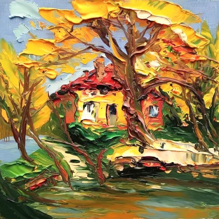 impasto house by the stream, tree<lora:impasto:1>