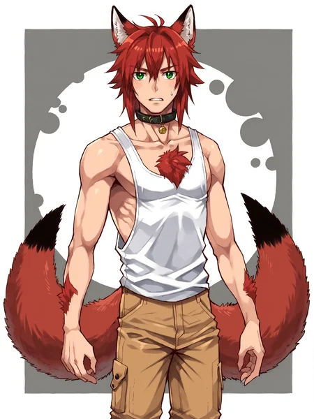score_9, score_8up, score_7up, score_6up, score_5up, score_4up, BREAK
abstract background, BREAK
solo, male, elphkun, animal humanoid, fox ears, red hair, green eyes, collar, white tank top, chest tuft, arm tufts, BREAK
cargo shorts, 2tails, source_anime, rating_safe, BREAK
<lora:Elphkun_v2:0.8> <lora:Torakitchen__Ebitendon_-_Style_-_PDXL:1> tk_style
