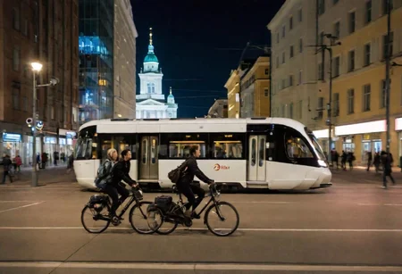 Raw photo,( shallow depth of image:1.2), (minimalistic:1.4), outdoors, wide shot of the downtown of Helsinki, tram, bike riders, night, black bullet train, 38 mm photograph, professional, FOV, HDR, natural lighting, motion blur, lowfi, KodakPhotoMaybe, photo in phst artstyle