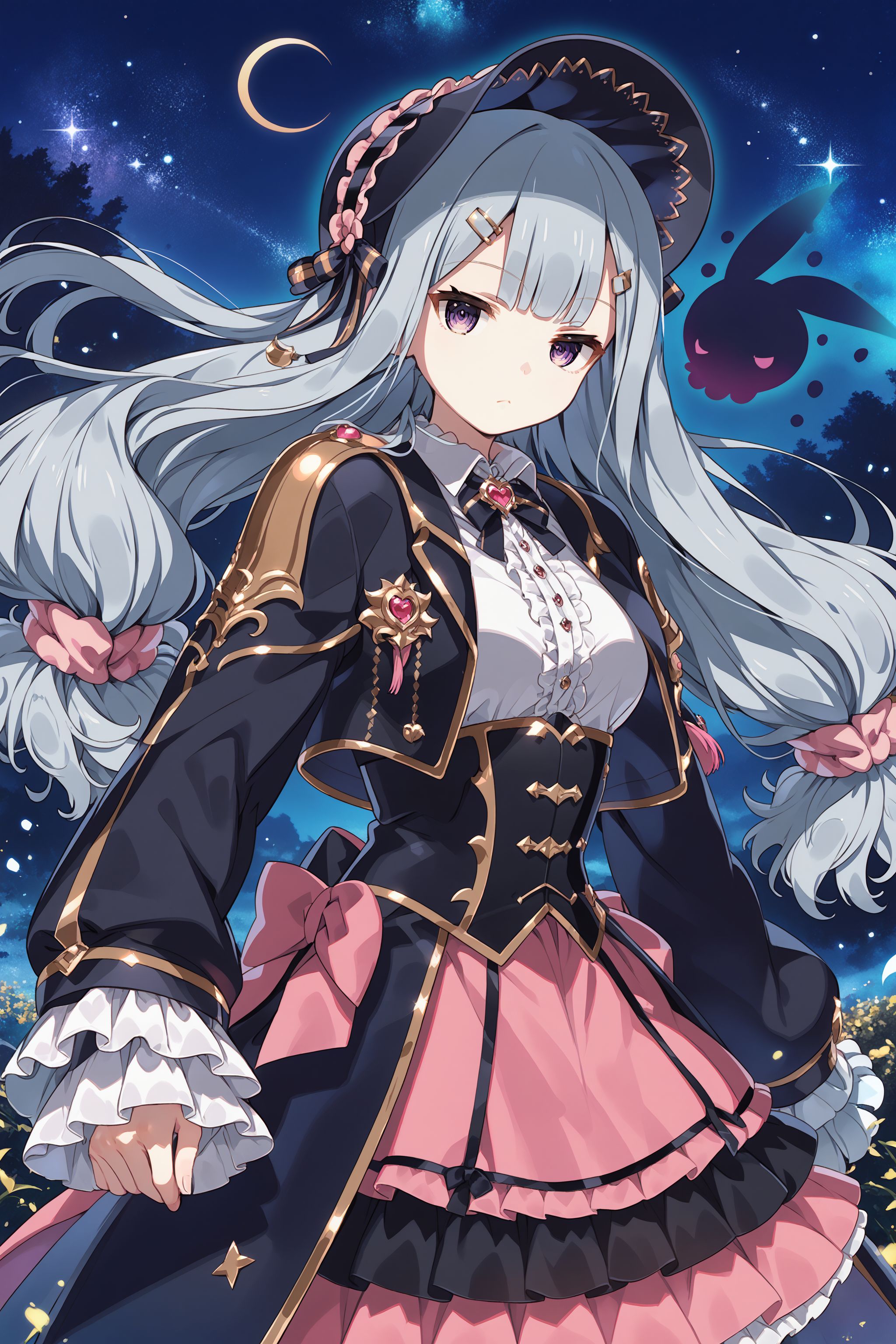 score_max, (score_9, score_8_up, score_7_up:1.2), score_6_up, official art, source_anime,
, masterpiece, absurdres, high detail, 8k,
eclipse, night, starry sky,
standing, serious, black ghost,
solo, rubetti, low-tied long hair, bonnet, hairclip, heart brooch, white shirt, collared shirt, frilled shirt, black jacket, open jacket, cropped jacket, long sleeves, sleeves past fingers, gold trim, single shoulder armor, corset, pink skirt, frilled skirt
<lora:XL_Pony_gomaotsu-ruberis-t1:1.0>