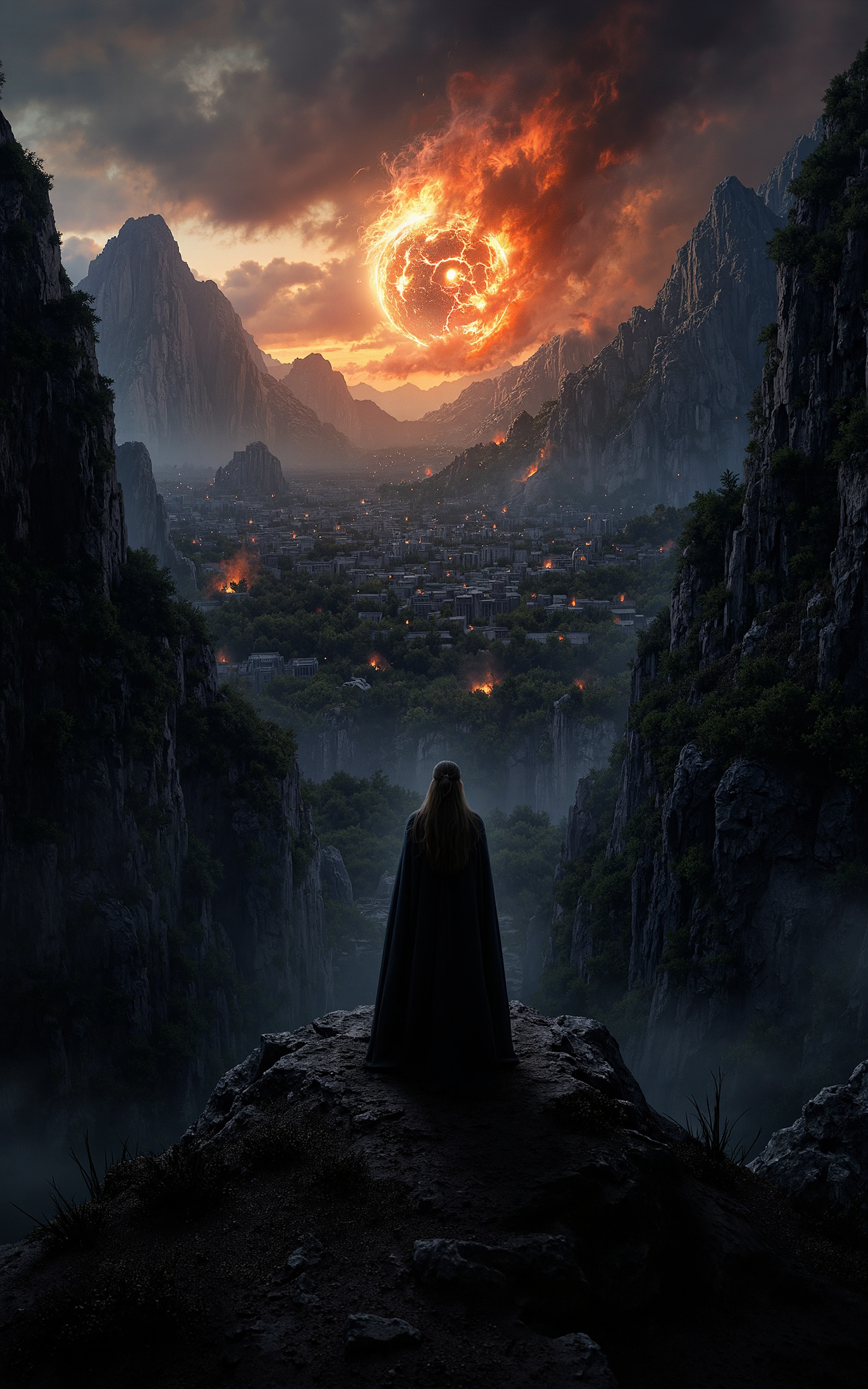 First-person view standing atop a rocky hill,looking towards the distant evil city of Mordor. A jagged mountain range frames the scene,with a dark,sprawling city at the center. The Eye of Sauron looms large above the city,radiating an intense,fiery glow that contrasts with the desolate,smoky atmosphere. The foreground has barren,cracked earth and sparse vegetation,while the sky is filled with swirling dark clouds. (vivid style, cinematic),<lora:klordoftherings-01:0.8>,klordoftherings,