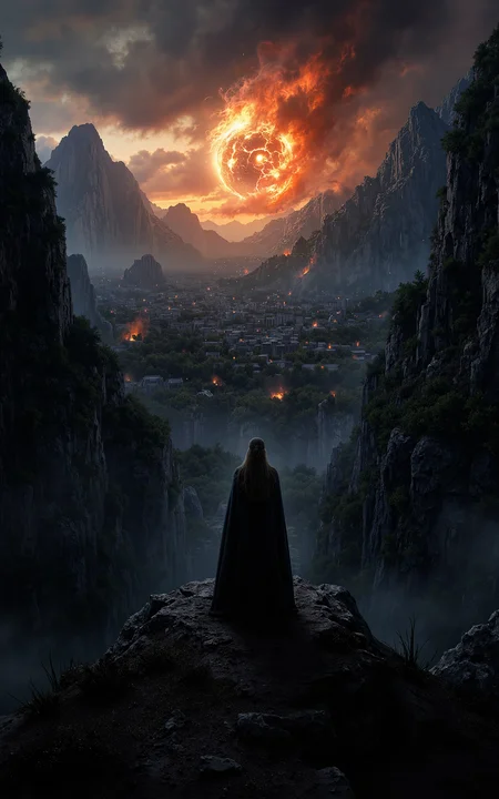 First-person view standing atop a rocky hill,looking towards the distant evil city of Mordor. A jagged mountain range frames the scene,with a dark,sprawling city at the center. The Eye of Sauron looms large above the city,radiating an intense,fiery glow that contrasts with the desolate,smoky atmosphere. The foreground has barren,cracked earth and sparse vegetation,while the sky is filled with swirling dark clouds. (vivid style, cinematic),<lora:klordoftherings-01:0.8>,klordoftherings,