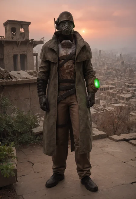 (score_9, score_8_up:1.1), score_7_up, realistic photograph
d3sertranger, helmet, 1boy, (muscular), black gloves, gas mask, full body, front view, night starry_sky sunset city ruins, <lora:desert_ranger_v1.1_pony-000006:1>