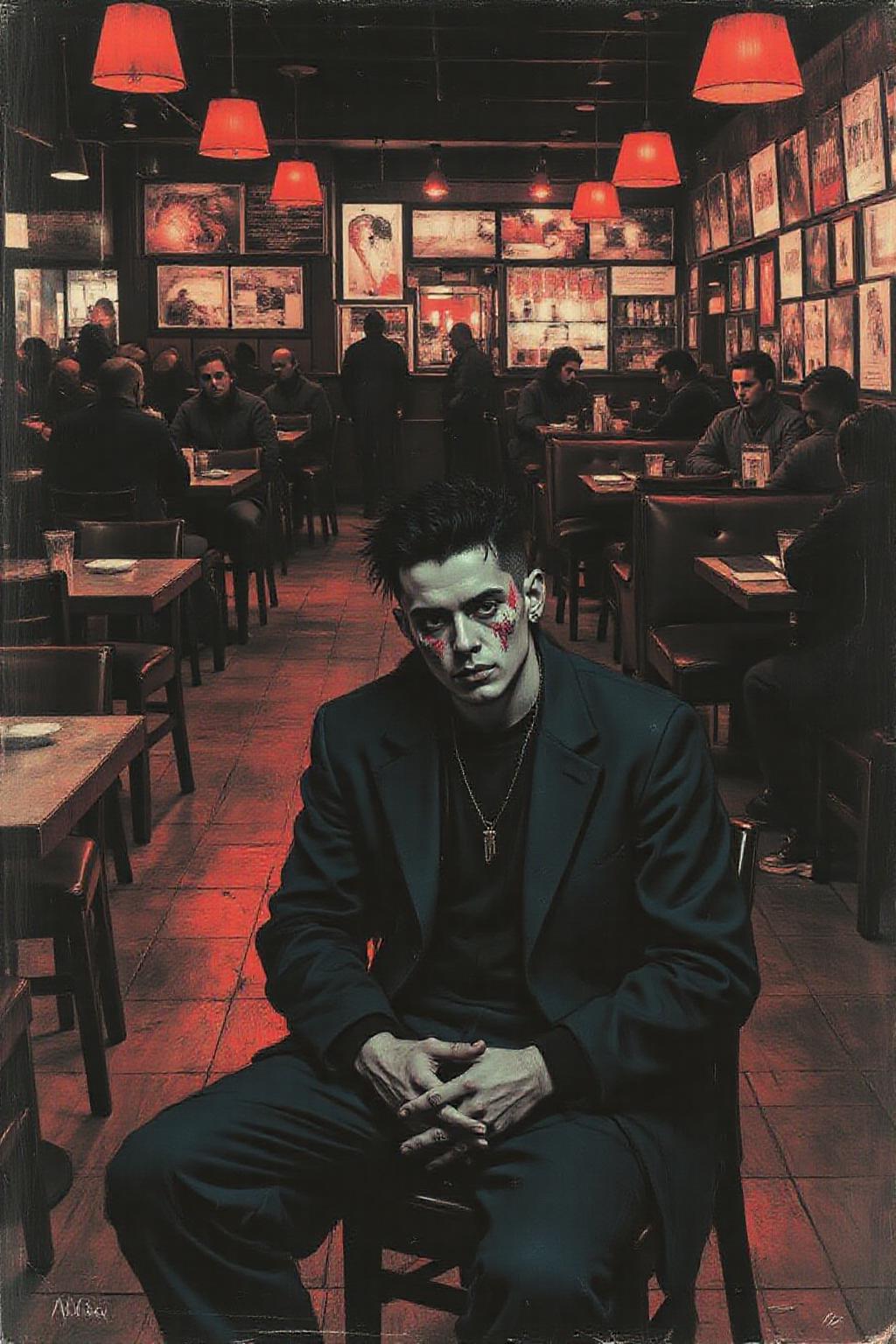 apoca1 illustration. 
a black-haired man is seated in a dimly-lit restaurant. He is dressed in a dark-colored jacket and pants, his hands resting on his lap. The man's face is adorned with a spiky haircut, adding a pop of color to the otherwise monochromatic scene. The restaurant is filled with people, their tables and chairs visible in the background. The lighting is subdued, creating a stark contrast to the scene. <lora:apocalypse_now1_fl_d4a2:1.0> <lora:Flux-Sch-SingleBlocks-BF16:1.0><lora:802366793881516908:0>