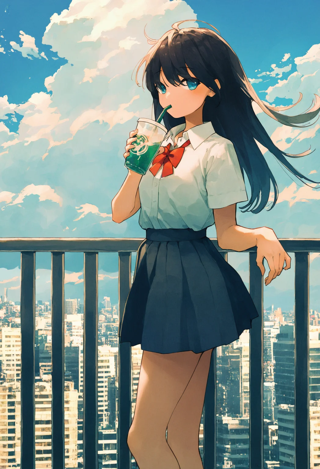 1girl, 
solo, skirt, long hair, bow, shirt, sky, outdoors, cloud, black hair, railing, white shirt, bowtie, short sleeves, building, pleated skirt, drinking, red bow, school uniform, looking at viewer, blue eyes, blue sky, holding, bangs, black skirt, day, collared shirt, red bowtie, drinking straw, standing, cityscape, feet out of frame, city, cloudy sky, cup, disposable cup, miniskirt,
.
masterpiece, best quality, very aesthetic, absurdres
 <lora:potgfornoob:0.95>