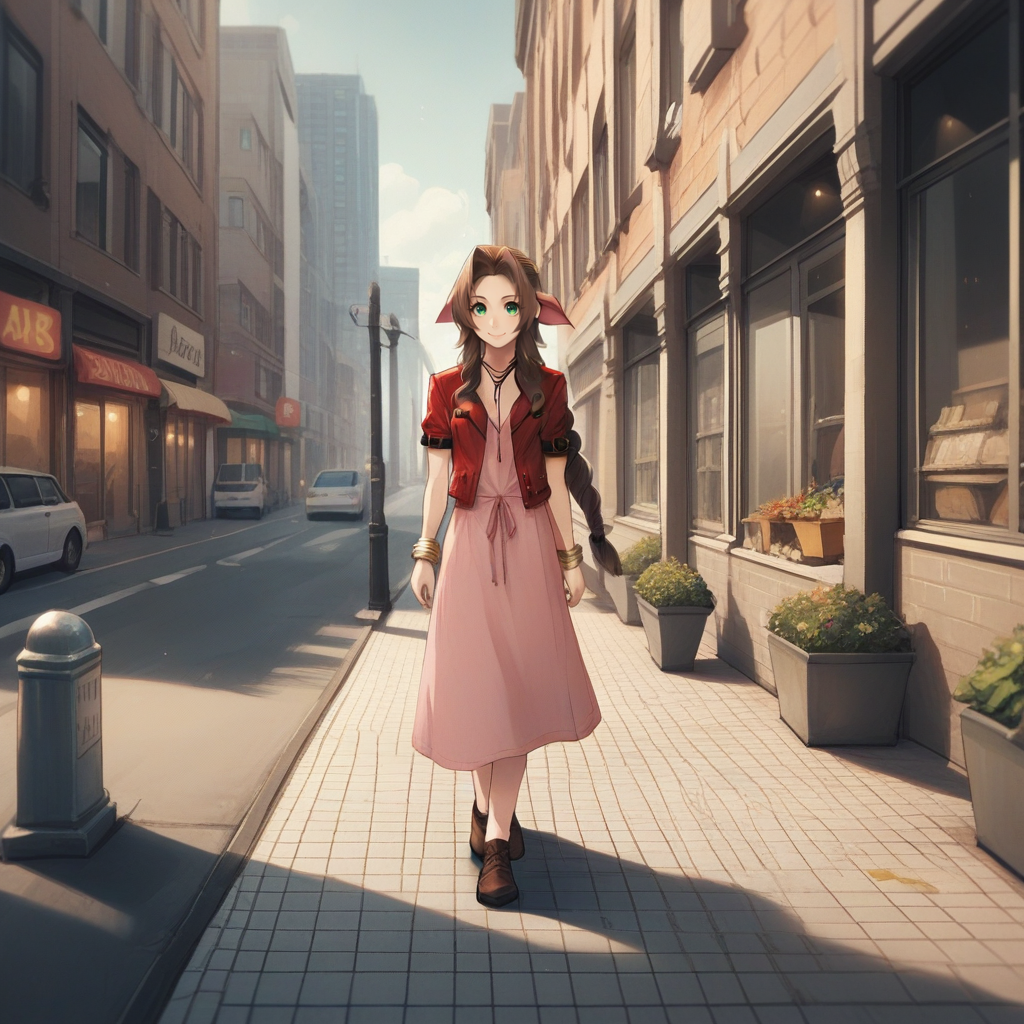 zPDXL2,score_9, score_8_up, score_7_up, score_6_up, score_5_up, score_4_up, source_anime, 1girl,aerith gainsborough      ,cowboy shot, looking at viewer, smile, <lora:Sidewalk:0.7> s1dew4lk, building, sidewalk, next to street