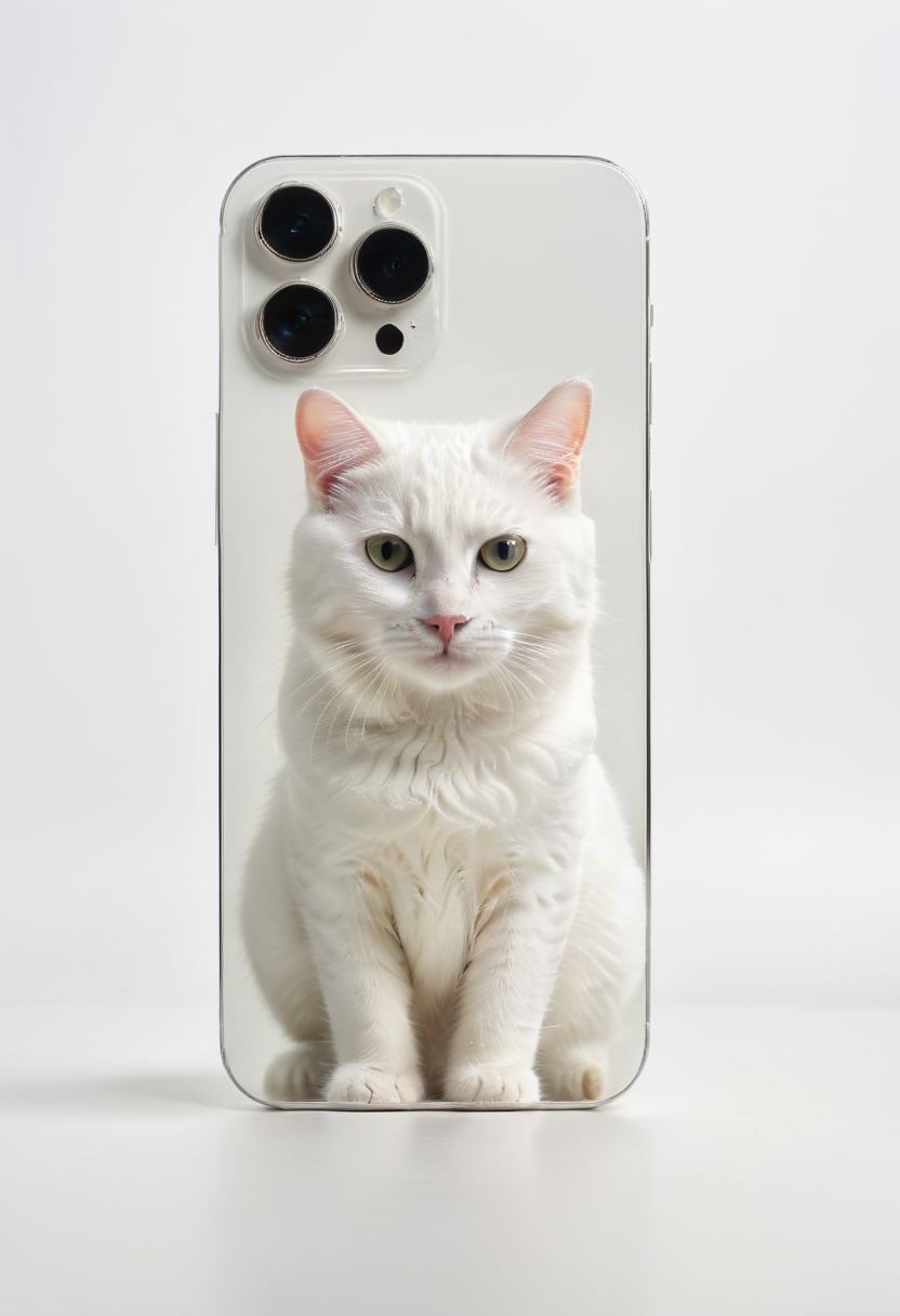 A white cat with smartphone, photo smartphone, detailed smartphone, simple background, 8k, HD