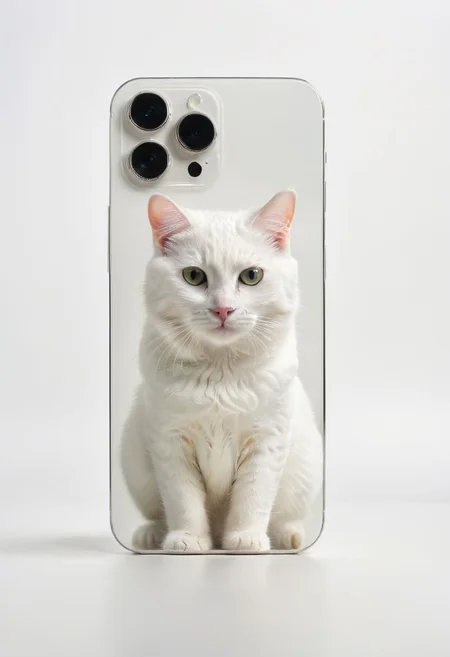 A white cat with smartphone, photo smartphone, detailed smartphone, simple background, 8k, HD
