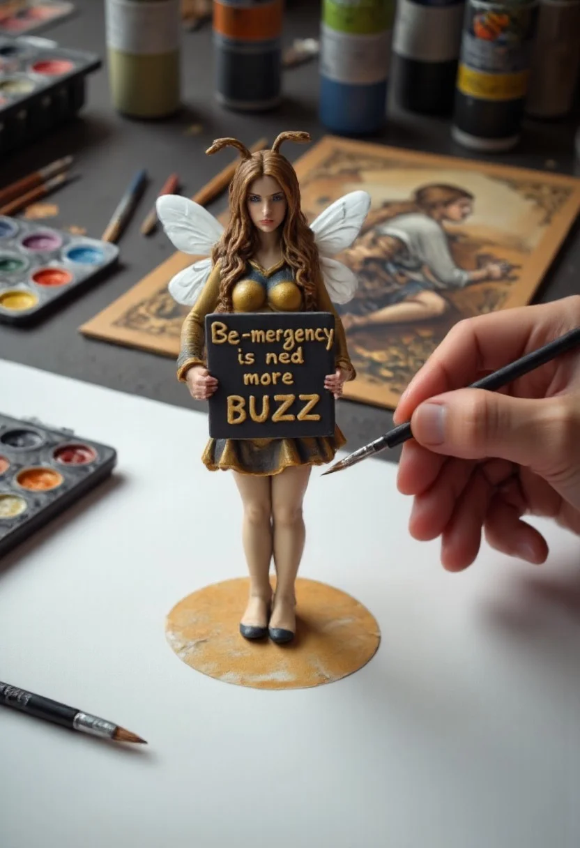Miniature figurine of beautiful, slender woman wearing a bee costume drawn in an art studio. The figurine is wearing a black and golden bee costume with wings. The figurine holds up a handwritten sign. She colourful paint in gold and black tones. ArsMJStyle, aidmaTableTopMiniatures
There are scattered art supplies around the table, focusing on the zombie portrait. The background features an art studio setting with various paint pots for miniature colouring. A mixing palette of paints is visible on the left side.
The artist is a colouring the handwritten sign with a fine brush, only the artists hand is visible as it paints the figurine.
The text on the sign is painted in bright golden letters: "Bee-mergency - need more BUZZ"