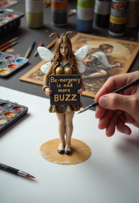 Miniature figurine of beautiful, slender woman wearing a bee costume drawn in an art studio. The figurine is wearing a black and golden bee costume with wings. The figurine holds up a handwritten sign. She colourful paint in gold and black tones. ArsMJStyle, aidmaTableTopMiniatures
There are scattered art supplies around the table, focusing on the zombie portrait. The background features an art studio setting with various paint pots for miniature colouring. A mixing palette of paints is visible on the left side.
The artist is a colouring the handwritten sign with a fine brush, only the artists hand is visible as it paints the figurine.
The text on the sign is painted in bright golden letters: "Bee-mergency - need more BUZZ"