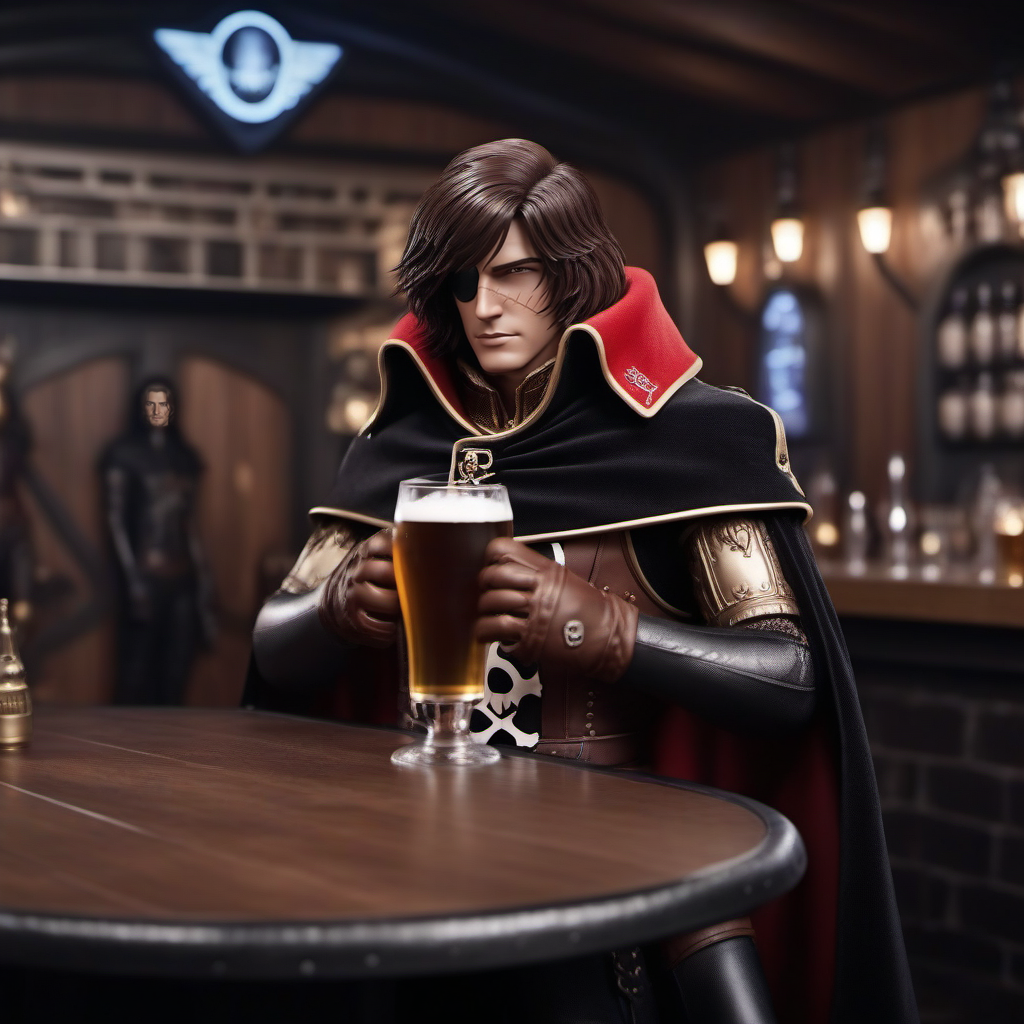 cinematic photo a full body man, cape, brown hair,  scar, black gloves, having a beer in a spaceopera tavern<lora:Albator1024_r1:0.8> . 35mm photograph, film, bokeh, professional, 4k, highly detailed