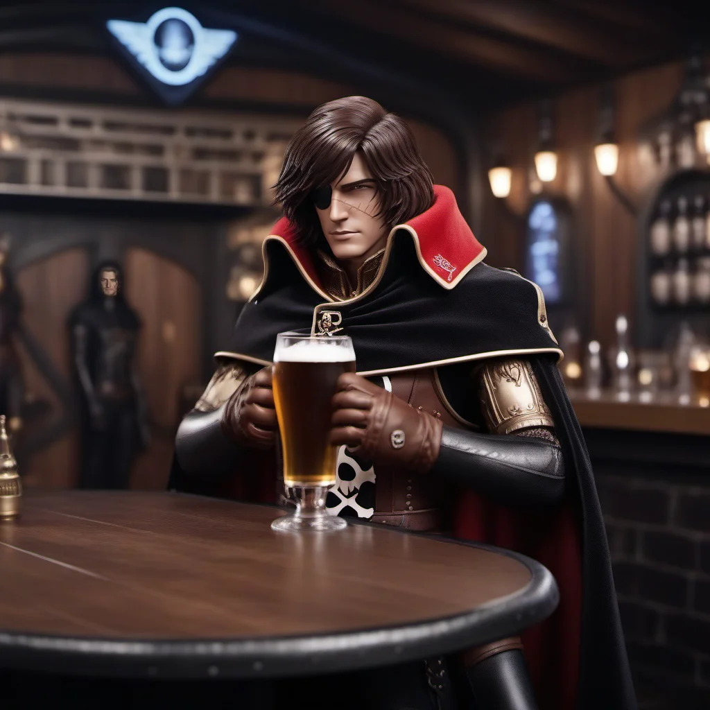cinematic photo a full body man, cape, brown hair, scar, black gloves, having a beer in a spaceopera tavern<lora:Albator1024_r1:0.8> . 35mm photograph, film, bokeh, professional, 4k, highly detailed