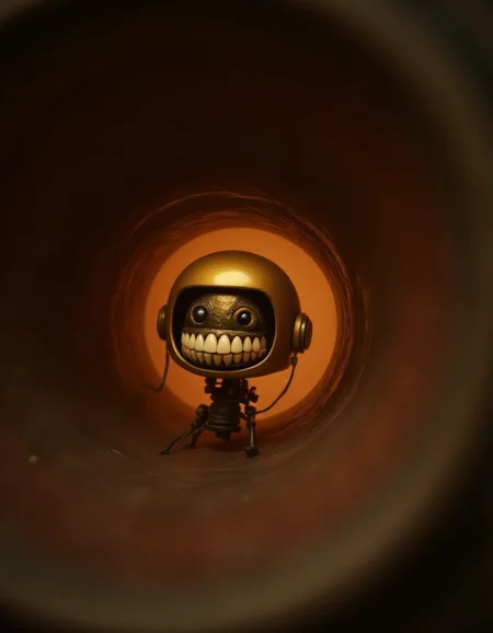 Deep within the canals of a human ear, a fleet of tiny robots scuttles across the vibrating eardrum. One robot pauses, its golden shell glowing faintly in the dim, amber-lit environment. Its ral-rbotth are sharply defined, unnervingly realistic despite their minuscule size. Each tooth reflects the warm light, and faintly visible gums give the unsettling impression of organic life in an otherwise mechanical form. The sound waves ripple around it as if amplifying its eerie presence.
<lora:ral-rbotth-flux_000003000:1>