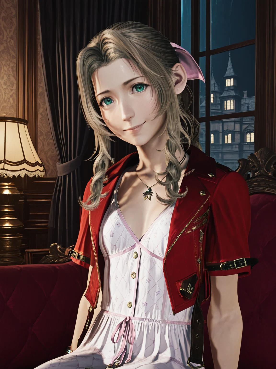 <lora:ST_FFVIIRB_0R:1.2>, ffviirb, 3d, realistic, photograph, photorealistic
aerith gainsborough, green eyes, brown hair, sidelocks, wavy hair, long hair, ponytail, hair bow, bread, small breasts
red jacket, pink dress, pendant, bracelet
<lora:CC_Aesthetic_Masterpiece_1:1>, masterpiece, best quality, amazing quality, very aesthetic, absurdres, detailed background, volumetric lighting, ray-tracing
1girl, looking at viewer, dynamic pose, smile, sitting
(indoors, fantasy, city, mansion, luxurious mansion, wallpaper, curtains, window, lamp, lantern, final fantasy vii rebirth background)