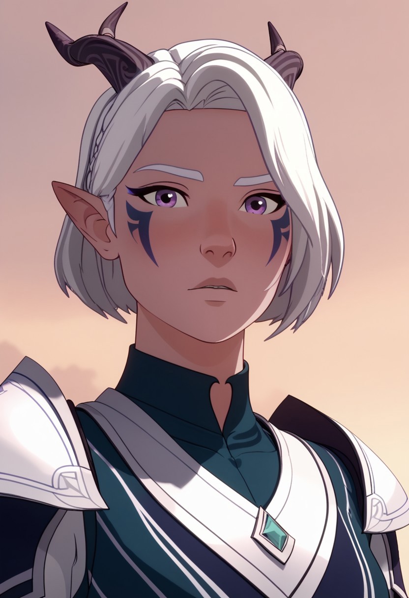 Score_9, Score_8, Score_7, TDPStyle, Tiadrin, Elf, Moonelf, Horns, White Hair, Purple Facial Tattoos, Moonelf Outfit, bust shot