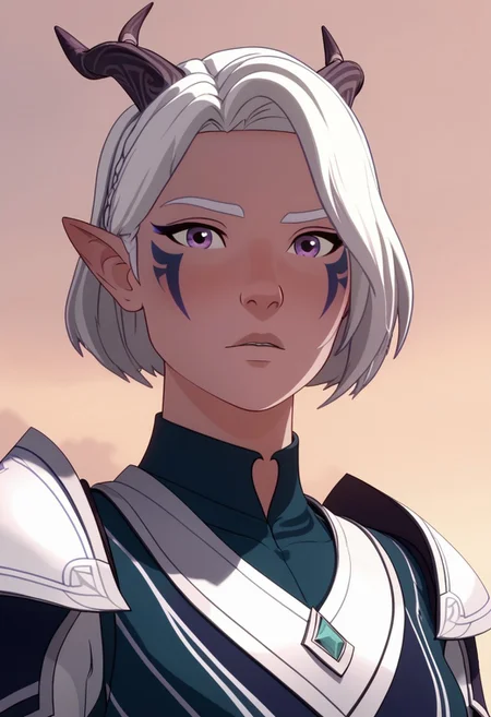 Score_9, Score_8, Score_7, TDPStyle, Tiadrin, Elf, Moonelf, Horns, White Hair, Purple Facial Tattoos, Moonelf Outfit, bust shot