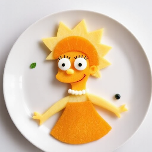 A dessert plate featuring a fun and creative fruit arrangement inspired by Lisa Simpson, designed entirely with different fruits. Lisa’s face is represented by a smooth round slice of orange, with small pieces of kiwi creating her eyes and a tiny blueberry as her nose. Her signature spiky hair is made from slices of pineapple, carefully arranged to mimic her iconic hairstyle. The rest of her body is composed of fruit slices: the arms and torso are formed by thin slices of apple and pear, with a few pieces of mango used to highlight the dress. The entire dish is placed on a clean white plate, with small garnishes of mint leaves and a light drizzle of honey for extra flavor. The fruit arrangement is playful and vibrant, capturing Lisa’s personality in a whimsical, edible form.
Ensure the depiction is natural and pays close attention to accurate textures and lighting throughout the scene), intricate hand-painted details, ultra-realistic textures, award-winning craftsmanship || studio rim lighting, vivid yet tense colors, UHD resolution, rich details, award winning, impactant image, dramatic pose