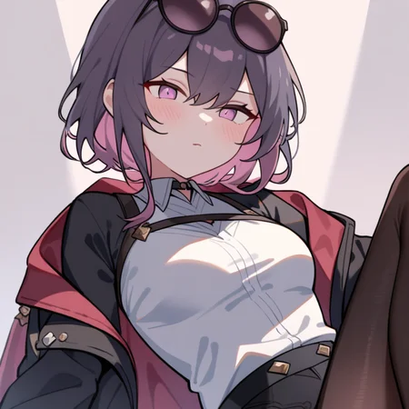 ,1girl,solo,upper body,,pantyhose,eyewear_on_head,jacket,shirt,<lora:Qszb>,<lora:kafka:1>, masterpiece, best quality, very aesthetic, absurdres