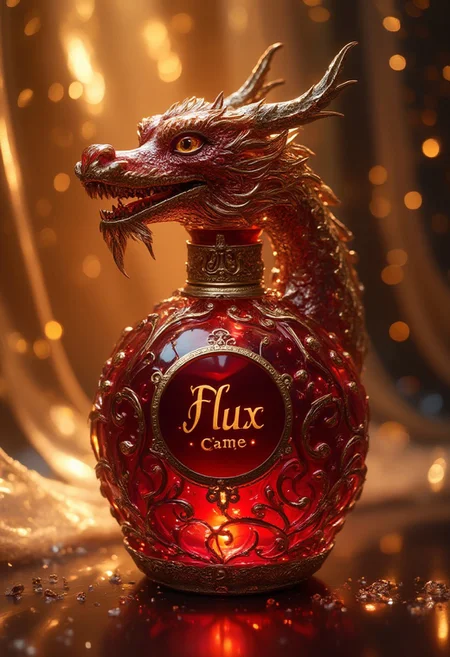 Dragon head perfume bottle, burgundy gold, transparent, openwork, golden shimmer, text in bottle:"Flux", background shimmering curtain of lights, high detail, filigree, aesthetic