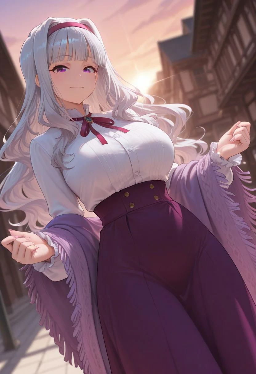 shijou takane \(idolmaster\), blunt bangs, hair intakes, hairband, long hair, grey hair, purple eyes, beautiful eyes, large breasts, white shirt, long sleeves, neck ribbon, high-waist skirt, purple skirt, virgin killer outfit, purple shawl, evening, looking at viewer, blurry background, outdoors, depth of field, dynamic angle, dutch angle, light smile, masterpiece, best quality, amazing quality, highly detailed skin, absurdres, newest, dramatic lighting, detailed facial features, 8k resolution, intricate details