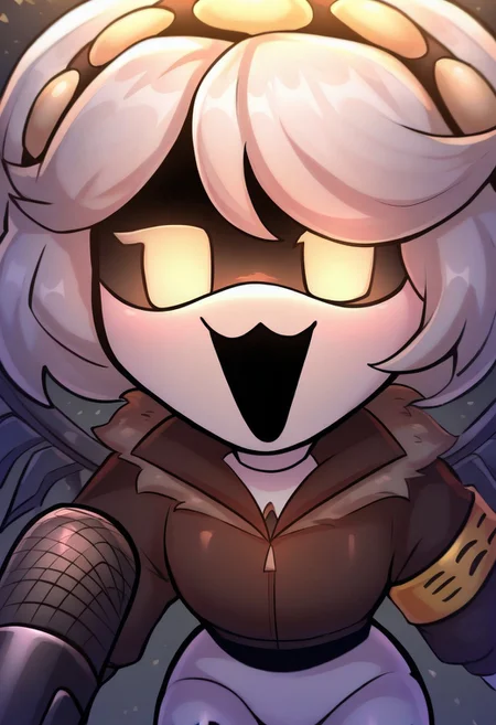 (masterpiece, high quality, highly detailed, best quality), SD-V, 1girl, solo, robot girl, humanoid robot, robot joints, hairband, short white hair, yellow eyes, solid circle pupils,fur-trimmed black jacket, armband, mechanical wings,
chibi girl,close up,from above, silly face, screams to microphone, pov microphone, microphone, eyes in different directions, mouth open, :0, :3, face focus, face only, cowboy shot, opened mouth, singing to microphone, microphone near the mouth, microphone close to mouth