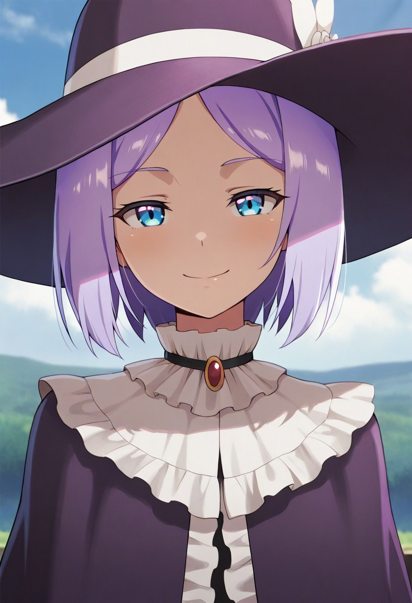 masterpiece,best quality,amazing quality, laura latuule, blue eyes, purple hair, 1girl, hat, solo, smile, short hair, looking at viewer, witch hat, upper body