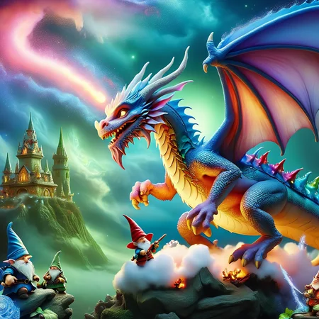 Fujifilm quality photograph (best quality)++, (masterpiece)++, (detailed)+, elf on the shelf fighting a Dragon, (fantasy illustration)1.3, enchanting Dragon battle elf on the shelf, mystical battle, (many gnomes battling)1.4 (whimsical charm).4 Otherworldly charm, mystical sky, (Luis Royo)1.2, (Yoshitaka Amano)1.1, moonlit night, soft colors, (detailed cloudscape)1.3, (high-resolution)1.2 (gnomes battling everywhere)1.2 , <lora:DonM3t3rn1tyXL-v1.1:0.8> DonM3t3rn1tyXL <lora:DonMD1g174l4sc3nc10nXL:0.8> DonMD1g174l4sc3nc10nXL <lora:Dragons:0.8> dragon <lora:EnvyMagicalXL01:0.8> magical <lora:FantasyLandscape:0.8> FanLan