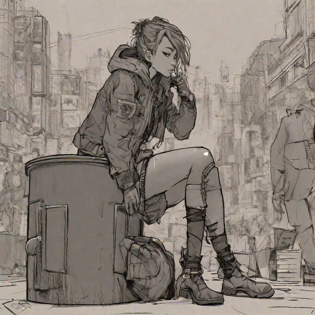 style, <lora:Charasilhouette-V1-000004:0.6> simple background, cyberpunk, fat punk girl sitting on a trash can, in market street, intricate, leather belts, punk jacket highly detailed, casual pose,full body, sketch