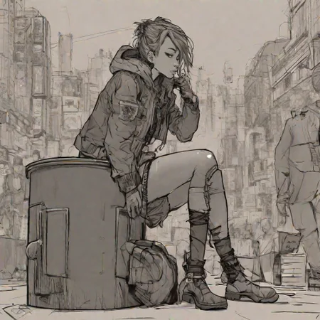 style, <lora:Charasilhouette-V1-000004:0.6> simple background, cyberpunk, fat punk girl sitting on a trash can, in market street, intricate, leather belts, punk jacket highly detailed, casual pose,full body, sketch