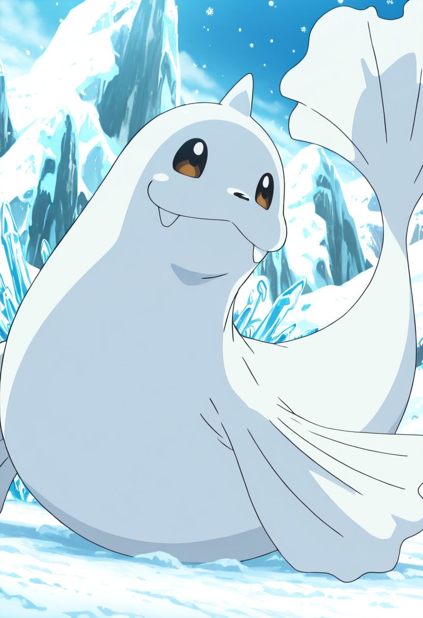 masterpiece, best quality, anime screencap, solo,   zzDewgong, north pole, snow, ice, happy, :3,     ,<lora:DewgongPokedex_IXL_v1:1.0>,