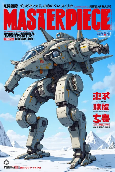 Manga style Poster with bold large fonts and graphics, Masterpiece, best quality, newest, absurdres, highres, realistic, (mech, reverse legs, jet cockpit, arm cannons, mounted launcher, winter camouflage), walking, in a glacier, blue sky.