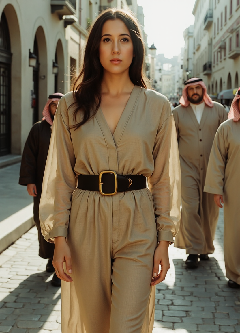 SFW, brightly lit, The image shows a woman walking on a cobblestone street. She is wearing a long, beige jumpsuit with a belt cinching her waist. Her e hair is styled in loose waves and she is looking directly at the camera with a serious expression. Behind her, there are several men wearing traditional Arab clothing, including robes and headscarves. The street is lined with buildings and there are street lamps hanging from the buildings. The overall mood of the image is somber and contemplative., aidmaimageupgrader<lora:flux\custom\celebrity\vanessa-carlton.safetensors:1.05:1.05> <lora:flux\turbo-8-step-flux.safetensors:0.5:0.5> <lora:flux\style\Common\aidmaImageUprader-FLUX-v0.3.safetensors:0.25:0.25>