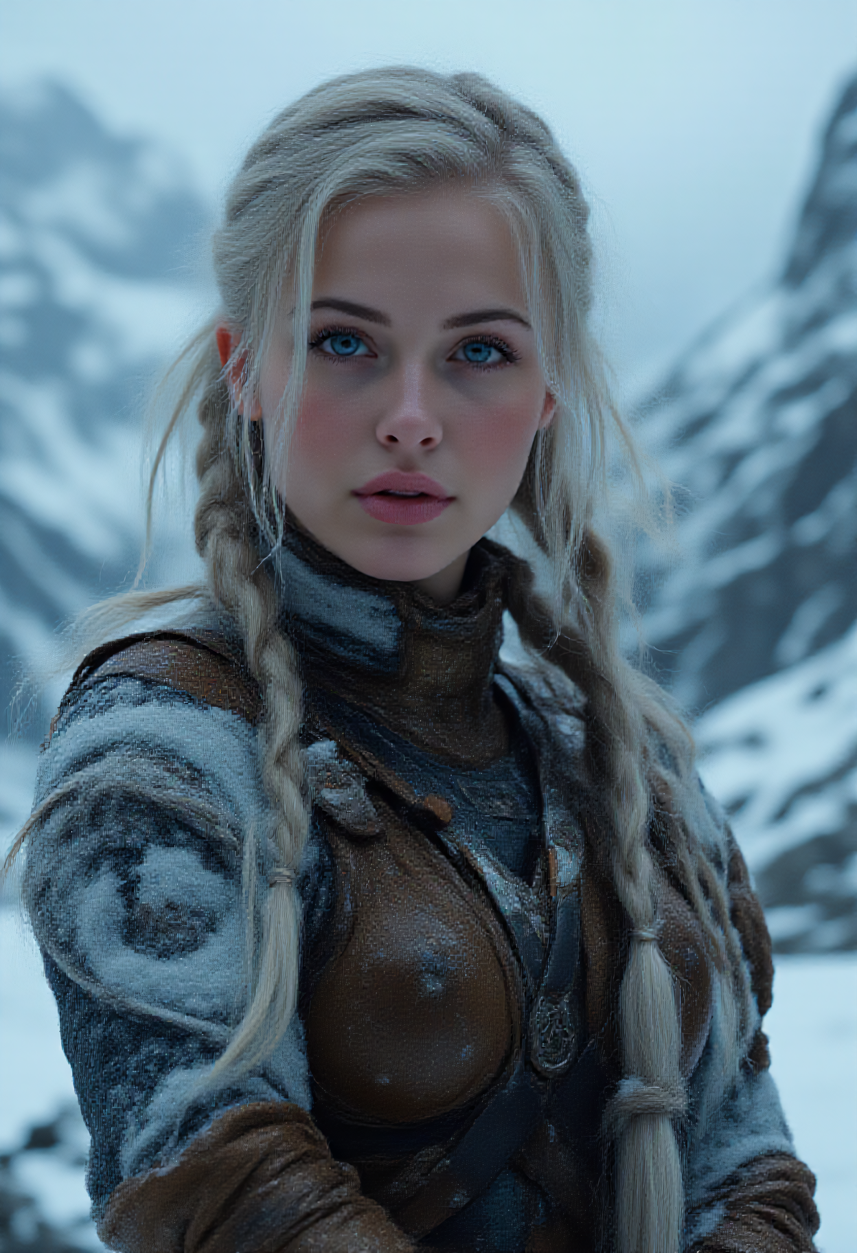 A captivating image emerges, focusing on a viking_punk warrior-princess, her presence commanding attention in the icy wasteland. Her futuristic viking armor based on traditional viking armor, a seamless fusion of technology and her athletic form, slim-athletic form highlights her strength and agility. The warrior's twin braids with shaved sides, frames her determined expression, while her piercing eyes bore into the viewer. Ancient runes are etched into her battleaxe and armor, crackling with mystical glowing energy. 
The frozen landscape, a testament to her people's resilience, stretches into the distance, where dark, ominous clouds partially veil the rugged mountainous pass, filling the air with crispness and the promise of lightning. 
This artwork, with its Nordic and Viking-inspired elements, captures the essence of a powerful futuristic figure, seamlessly blending ancient traditions with futuristic innovations. Beauty, chiaroscuro, play of shadow and light, realistic, mad-cbrpnk-dtlr,