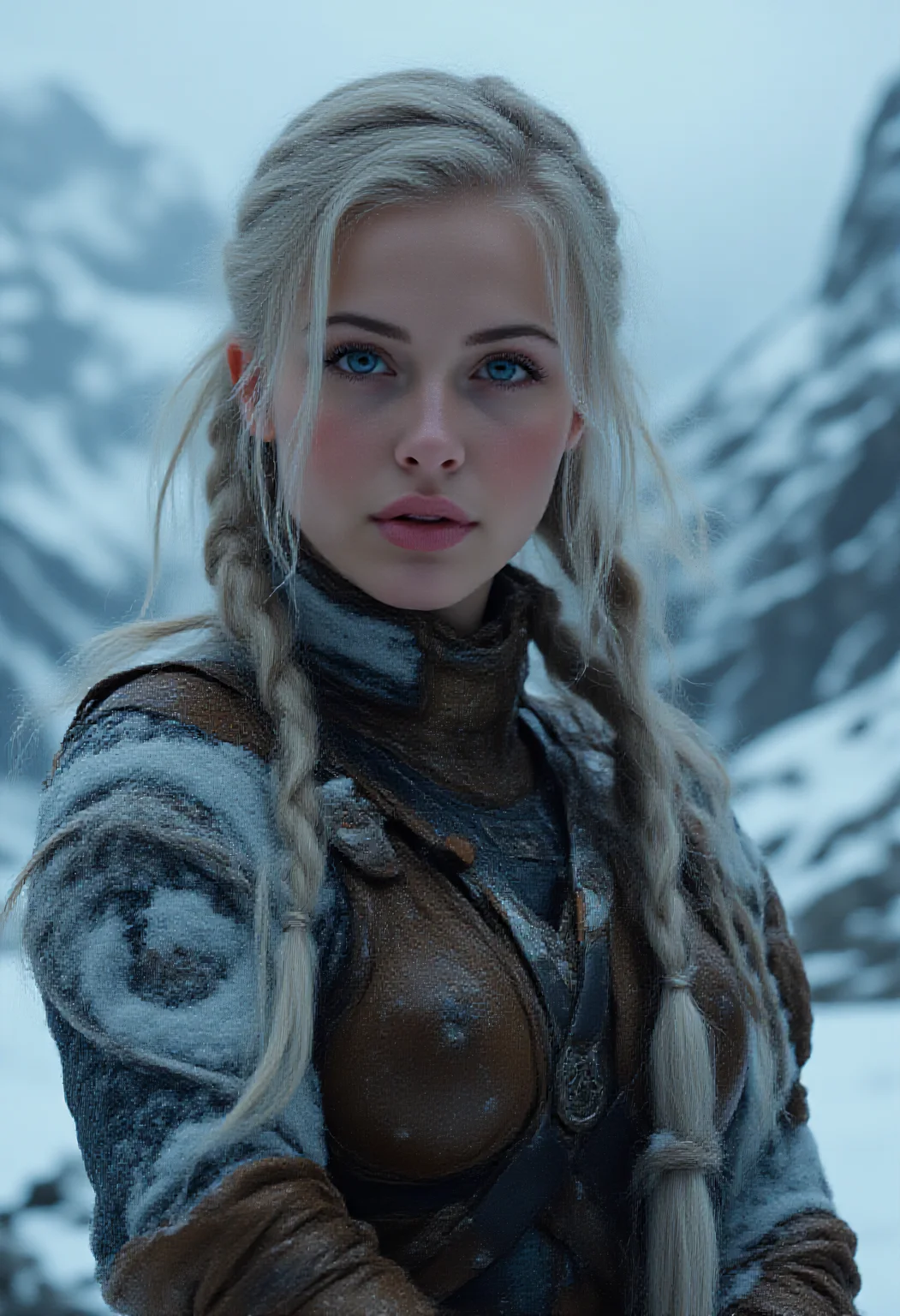 A captivating image emerges, focusing on a viking_punk warrior-princess, her presence commanding attention in the icy wasteland. Her futuristic viking armor based on traditional viking armor, a seamless fusion of technology and her athletic form, slim-athletic form highlights her strength and agility. The warrior's twin braids with shaved sides, frames her determined expression, while her piercing eyes bore into the viewer. Ancient runes are etched into her battleaxe and armor, crackling with mystical glowing energy.
The frozen landscape, a testament to her people's resilience, stretches into the distance, where dark, ominous clouds partially veil the rugged mountainous pass, filling the air with crispness and the promise of lightning.
This artwork, with its Nordic and Viking-inspired elements, captures the essence of a powerful futuristic figure, seamlessly blending ancient traditions with futuristic innovations. Beauty, chiaroscuro, play of shadow and light, realistic, mad-cbrpnk-dtlr,