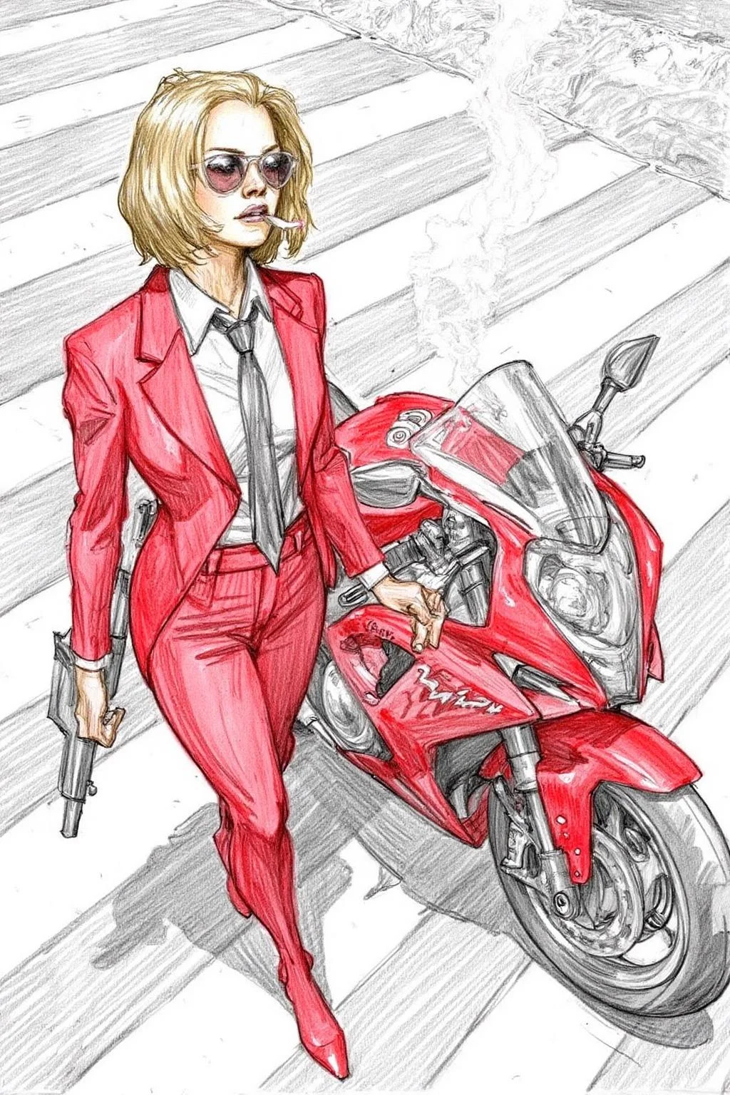 pencil sketch.
Overhead shot of an Blonde woman walking away from a futuristic motorcycle parked at a zebra crossing. The woman has bob hair, is smoking. She wear a red business suit, white shirt, black tie, and sunglasses. She holds a gun with a confident grip. The motorcycle itself is red, sleek and metallic, with intricate designs and a futuristic vibe <lora:iainmccaig1_cap_d8a4e12:1.0><lora:864359843937396128:0>