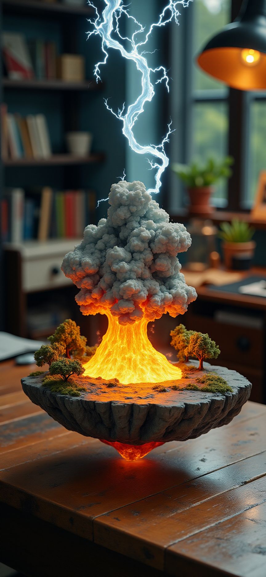 (indoor,very wide isometric view,tilt-shift lens:1.6), (windowless,miniature,miniature,diorama,miniature,diorama,PVC,plastic:2) ,  k-9 thunder with flame at (floating island,levitating  island:1.5) on (table:2) at (study:2.5)   <lora:Diorama_Flux:1>