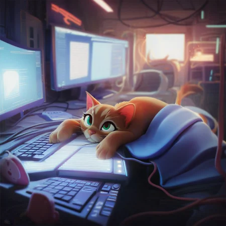 score_9, score_8_up, score_7_up, depth of field, ambient occlusion, bokeh, cel shading, black illustration lines, cinematic lighting, server room, computer lab, computer, information technology, I.T., lying on keyboard, wires, asleep, kitten,