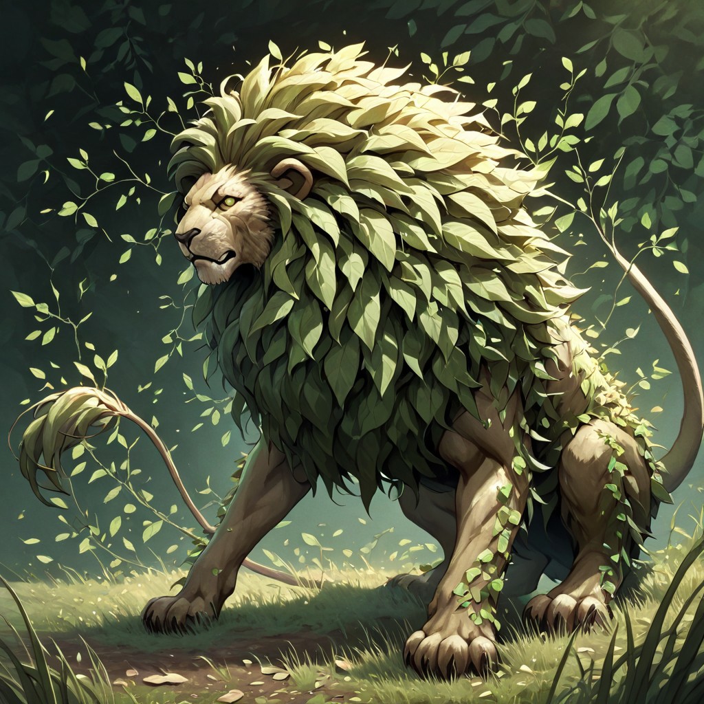 masterpiece, best quality, newest, absurdres, highres, FG-V2.0-Spirit, anima, animal focus, FG-V2.0, lion, no humans, monster, plant, grass, leaves, fantasy, pokemon (creature),